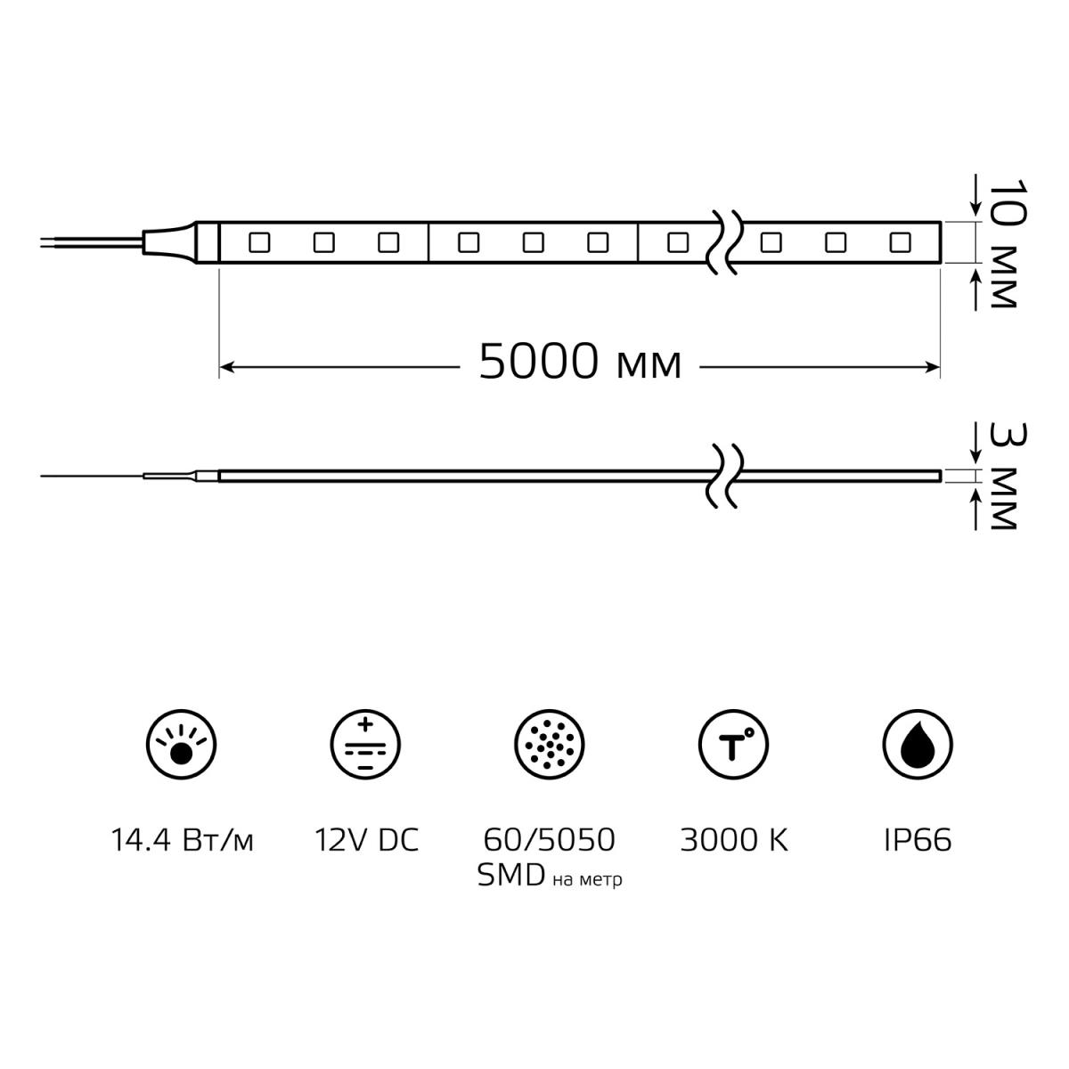 Светодиодная влагозащищенная лента Gauss 14,4W/m 60LED/m 5050SMD теплый белый 5M 356000114