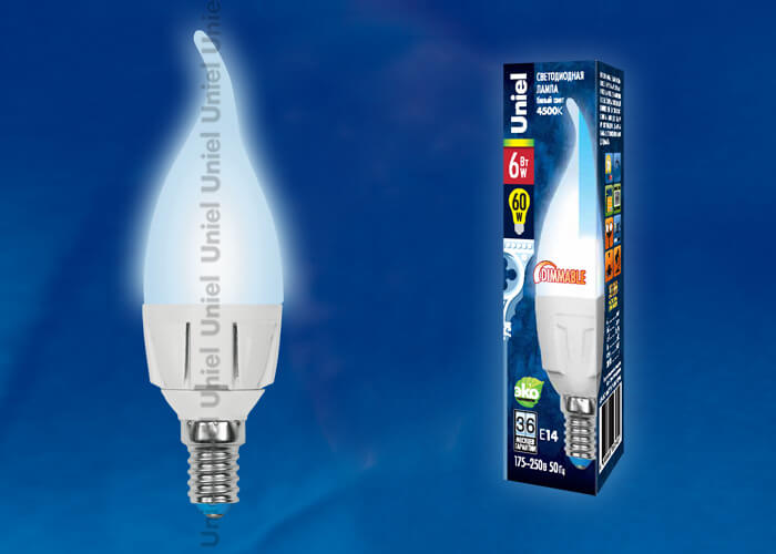 Лампа светодиодная диммируемая Uniel E14 6W 4500K матовая LED-CW37-6W/NW/E14/FR/DIM PLP01WH UL-00000727