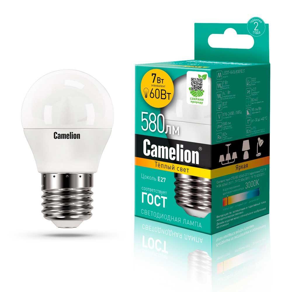 Лампа светодиодная Camelion E27 7W 3000K LED7-G45/830/E27 12070