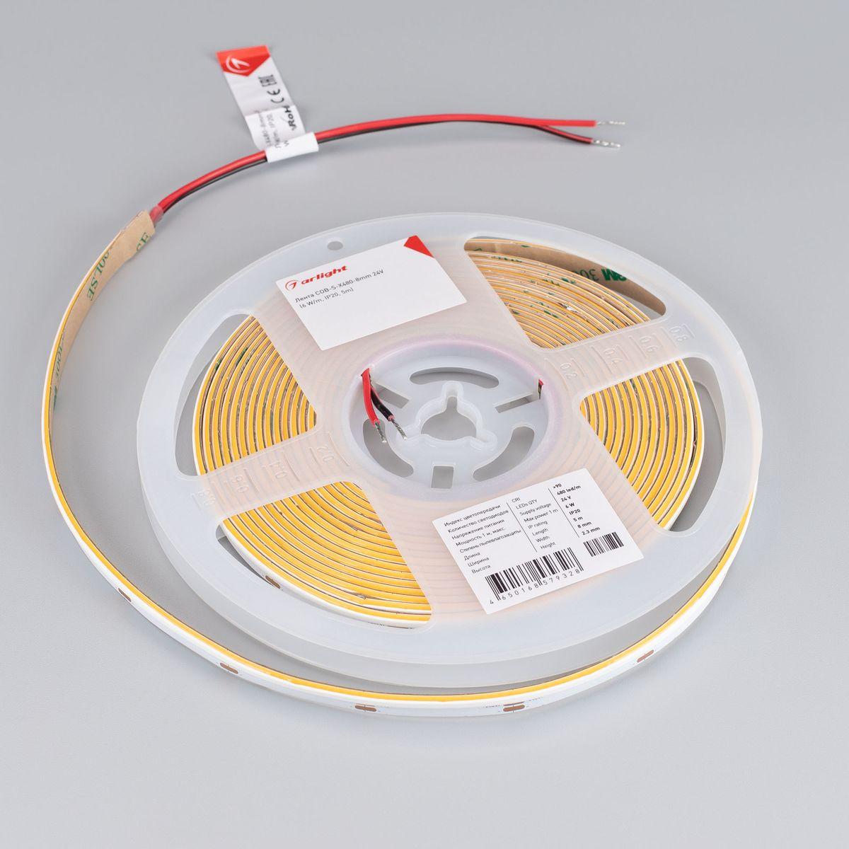 Светодиодная лента Arlight 6W/m 480Led/m CSP холодный белый 5M COB-S-X480-8mm 24V White6000 046901