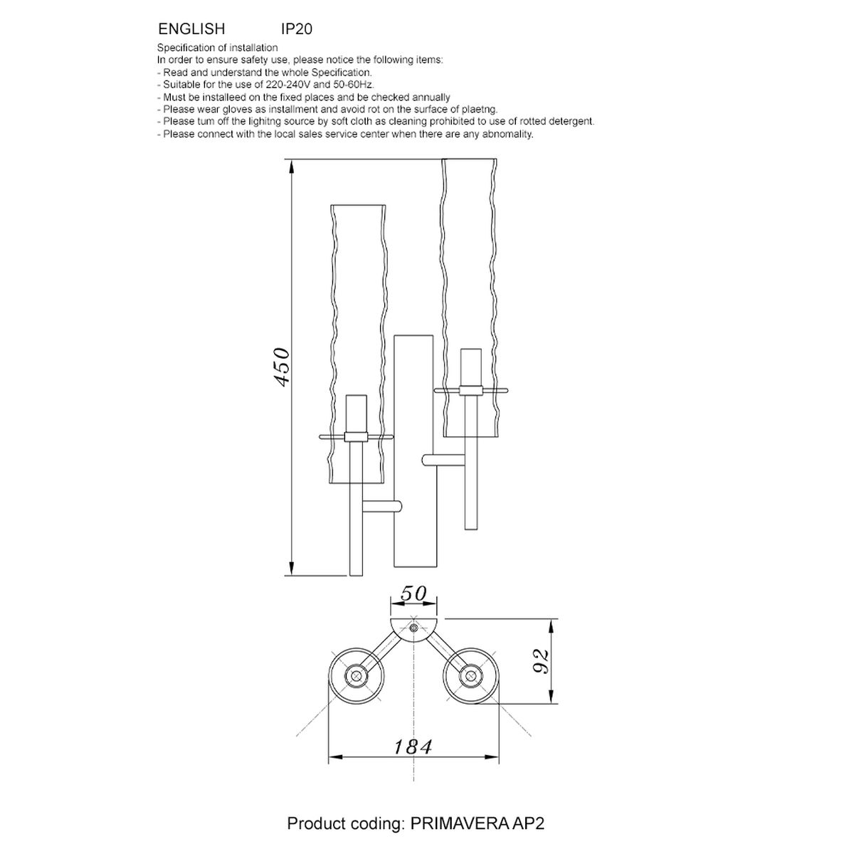 Бра Crystal Lux Primavera AP2 Gold