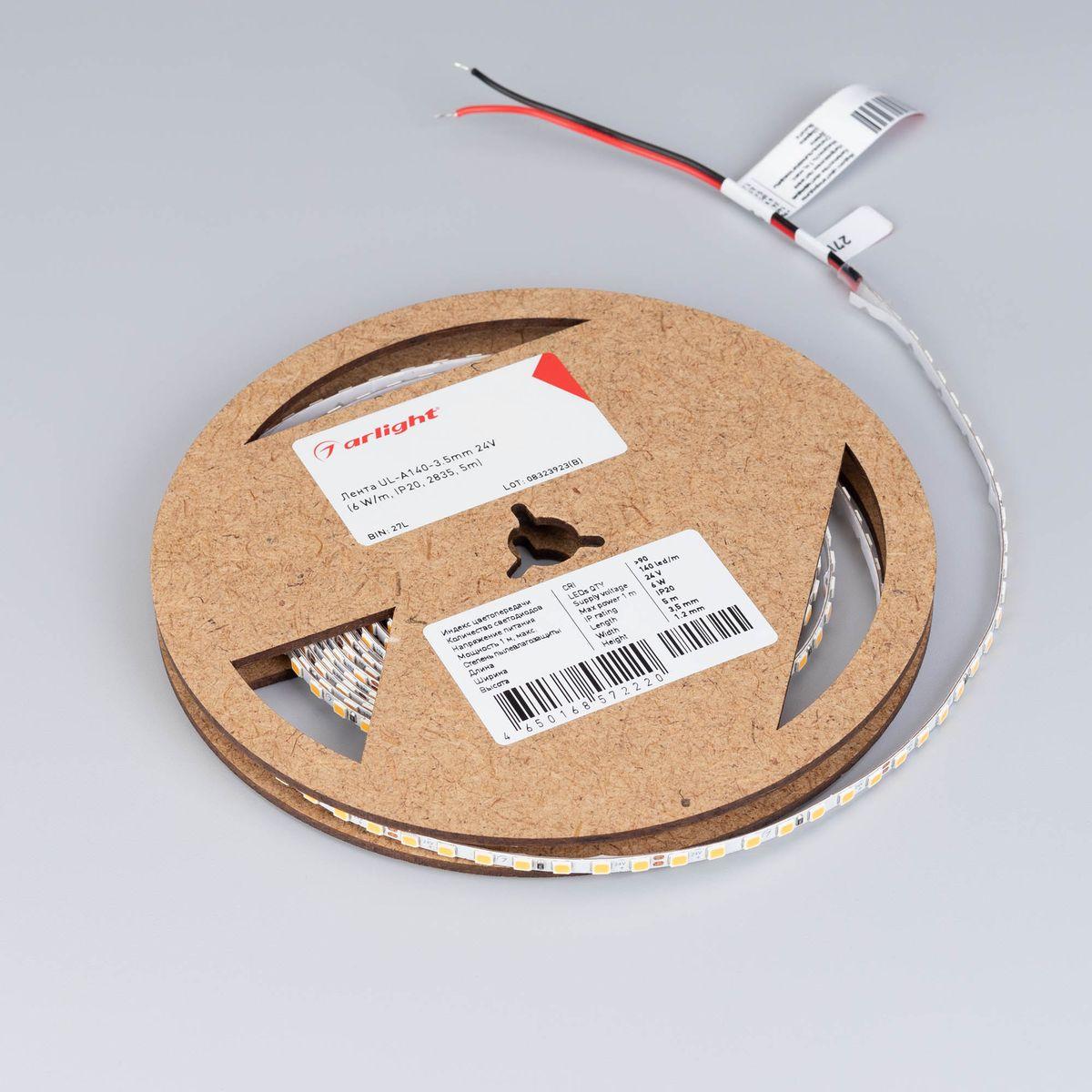 Светодиодная лента Arlight 6W/m 140Led/m 2835SMD дневной белый 5M UL-A140-3.5mm 24V Day4000 045968