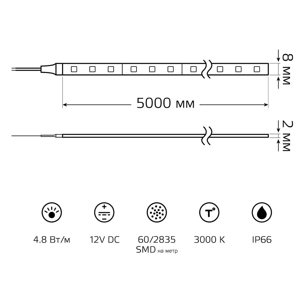 Светодиодная влагозащищенная лента Gauss 4,8W/m 60LED/m 2835SMD теплый белый 5M 311000105