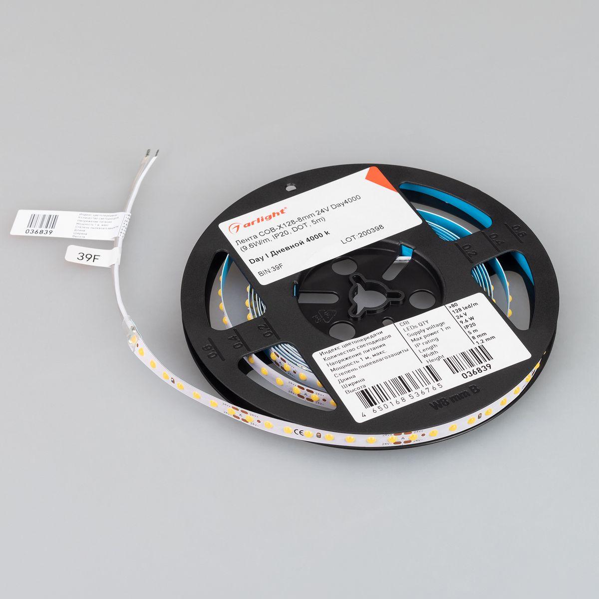 Светодиодная лента Arlight 9,6W/m 128LED/m COB дневной белый 5M COB-X128-8mm 24V Day4000 036839