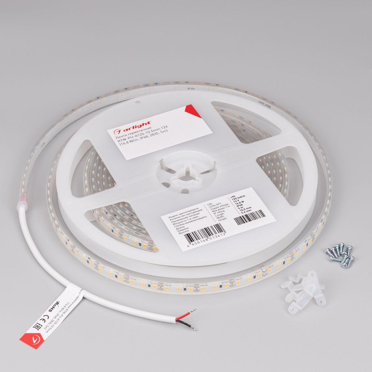 Светодиодная влагозащищенная лента Arlight 8W/m 120Led/m 2835SMD холодный белый 5M RTW-PU-A120-10.5mm 12V White6000 029596(3)