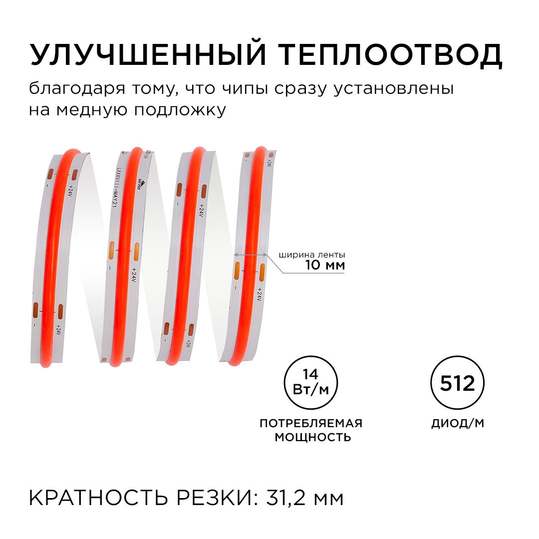 Светодиодная лента Apeyron 14W/m 512LED/m COB красный 5M 214ОО