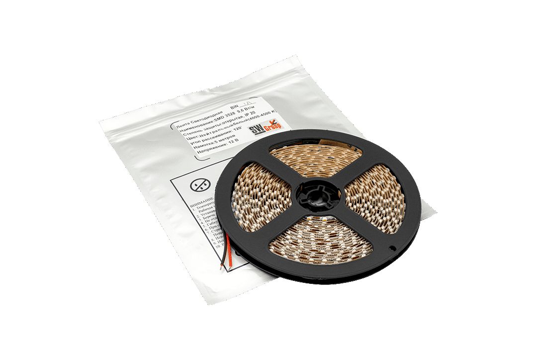 Светодиодная лента SWG 9,6W/m 120Led/m 3528SMD дневной белый 5M SWG3T120-12-9.6-NW-М 009702