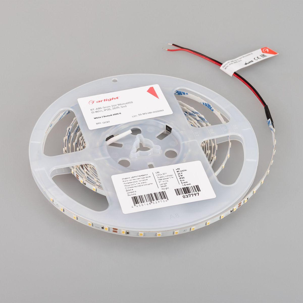 Светодиодная лента Arlight 5W/m 80LED/m 2835SMD холодный белый 5M RT-A80-5mm 24V White6000 037797