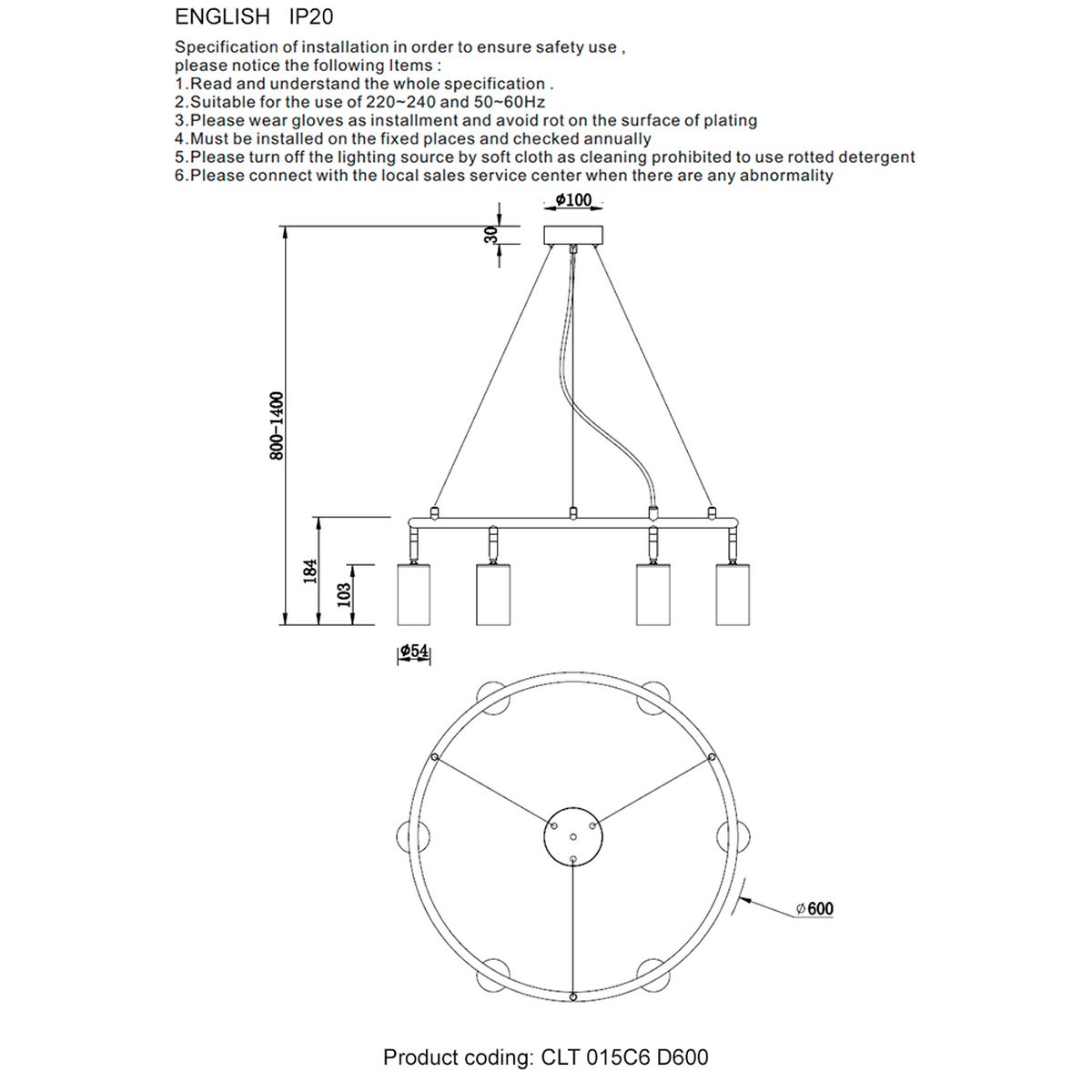 Подвесная люстра Crystal Lux CLT 015C6 D600 BL