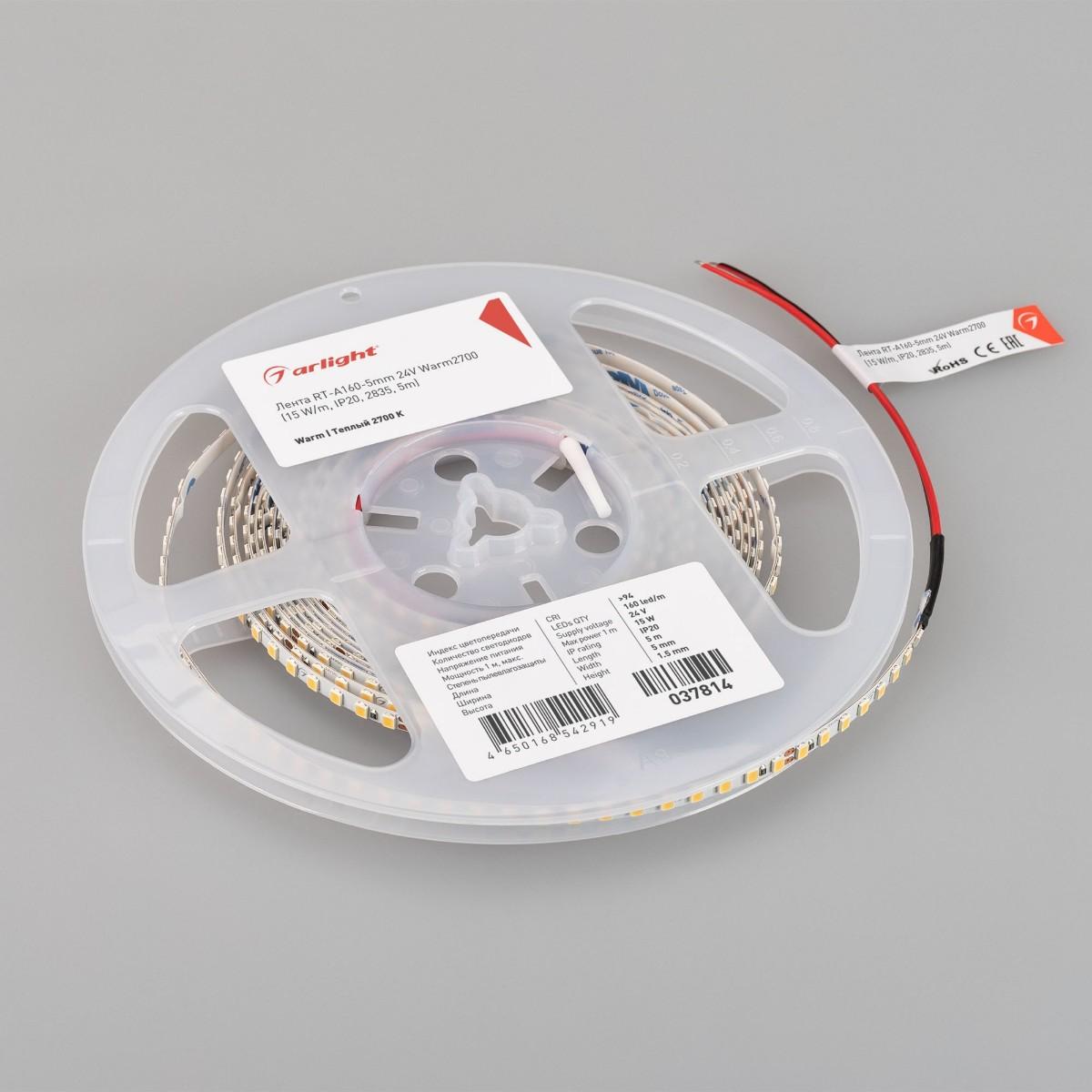 Светодиодная лента Arlight 15W/m 160LED/m 2835SMD теплый белый 5M RT-A160-5mm 24V Warm2700 037814