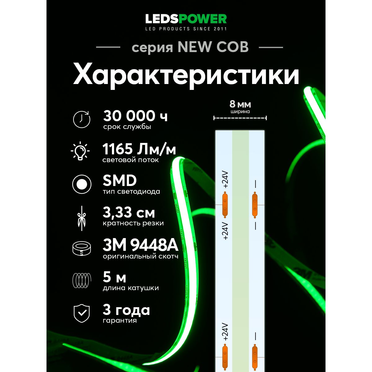Светодиодная лента LEDS POWER NEW COB 256/м (11Вт/м) 24В зеленая 006376
