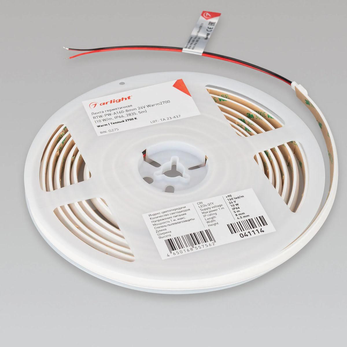 Светодиодная лента герметичная Arlight 10W/m 160LED/m 2835SMD теплый белый 5M RTW-PW-A160-8mm 24V 041114