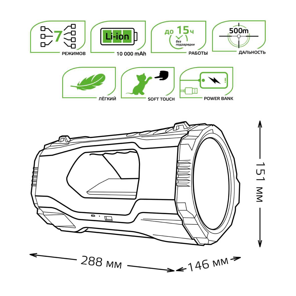 Прожекторный светодиодный фонарь Gauss аккумуляторный 288х151 1000 лм GF703