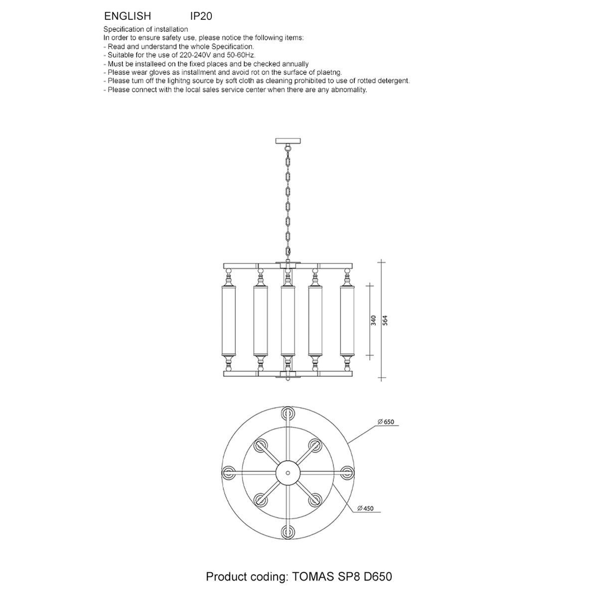 Подвесная люстра Crystal Lux Tomas SP8 D650 Chrome