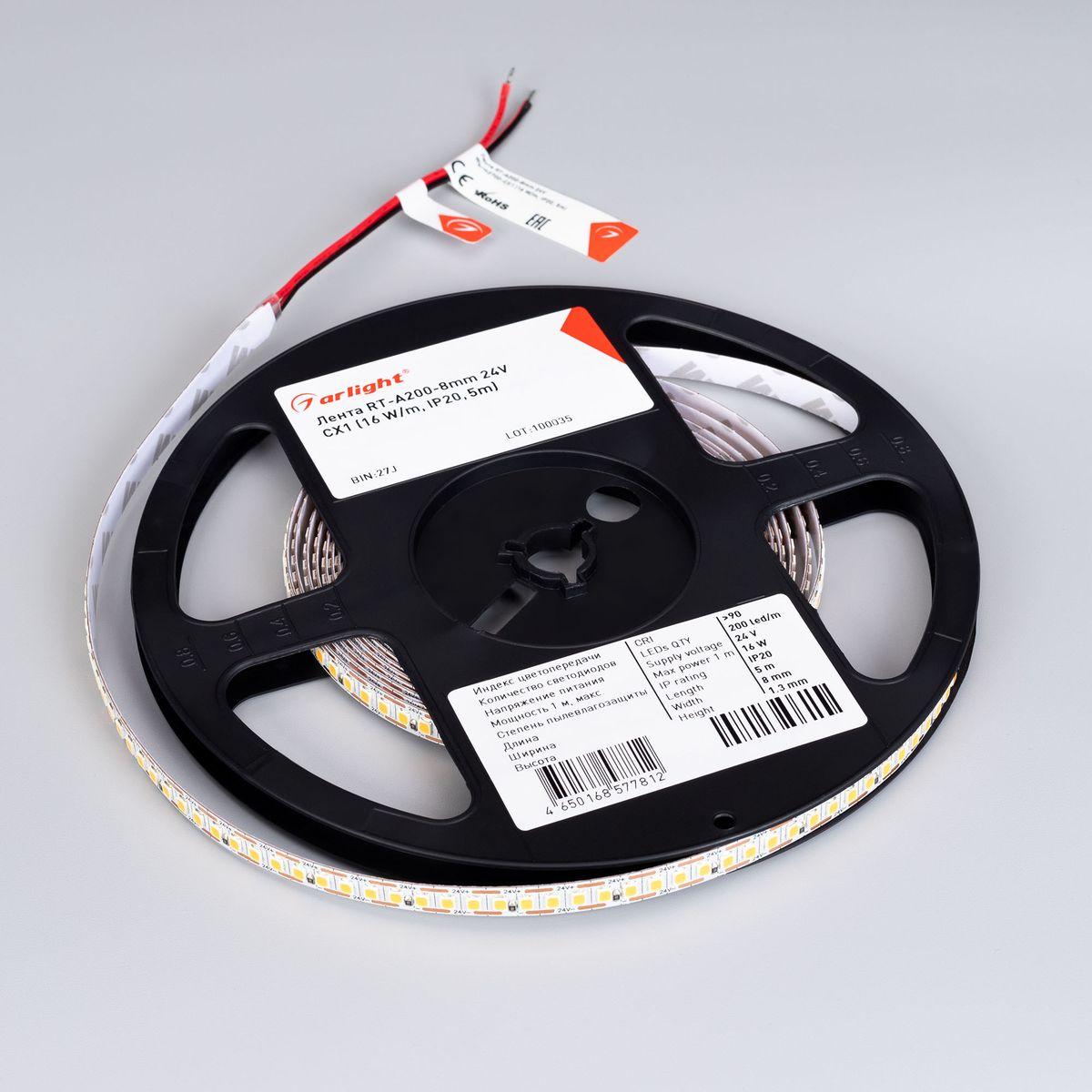 Светодиодная лента Arlight 6W/m 200Led/m 2835SMD теплый белый 5M RT-A200-8mm 24V Warm3500-CX1 046940