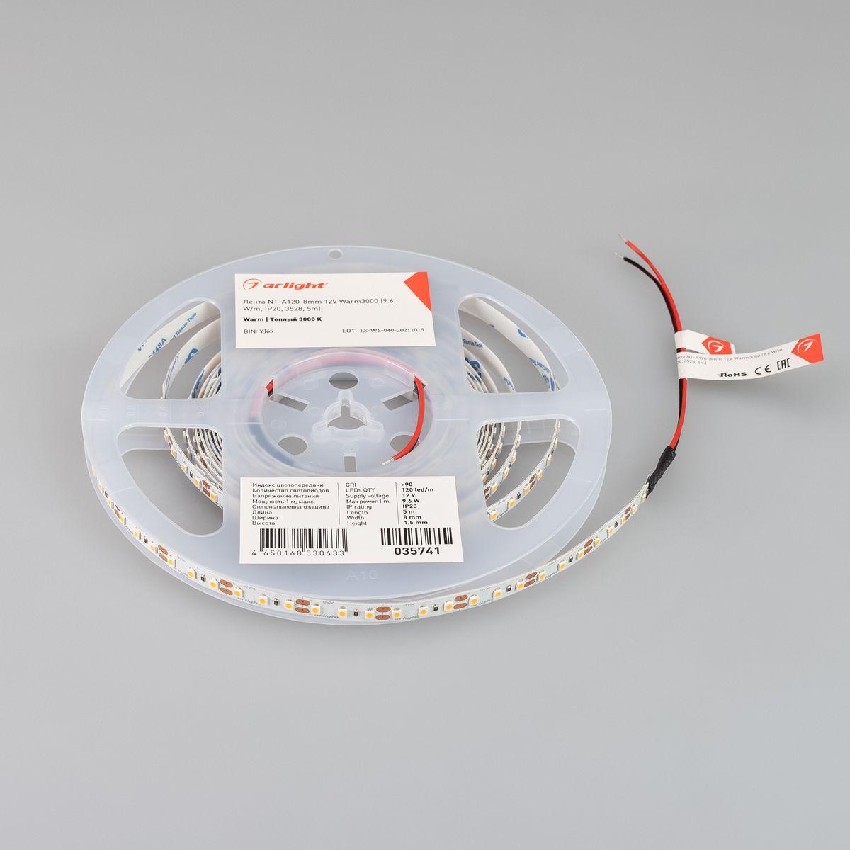 Светодиодная лента Arlight 9,6W/m 120LED/m 3528SMD теплый белый 5M NT-A120-8mm 12V Warm3000 035741