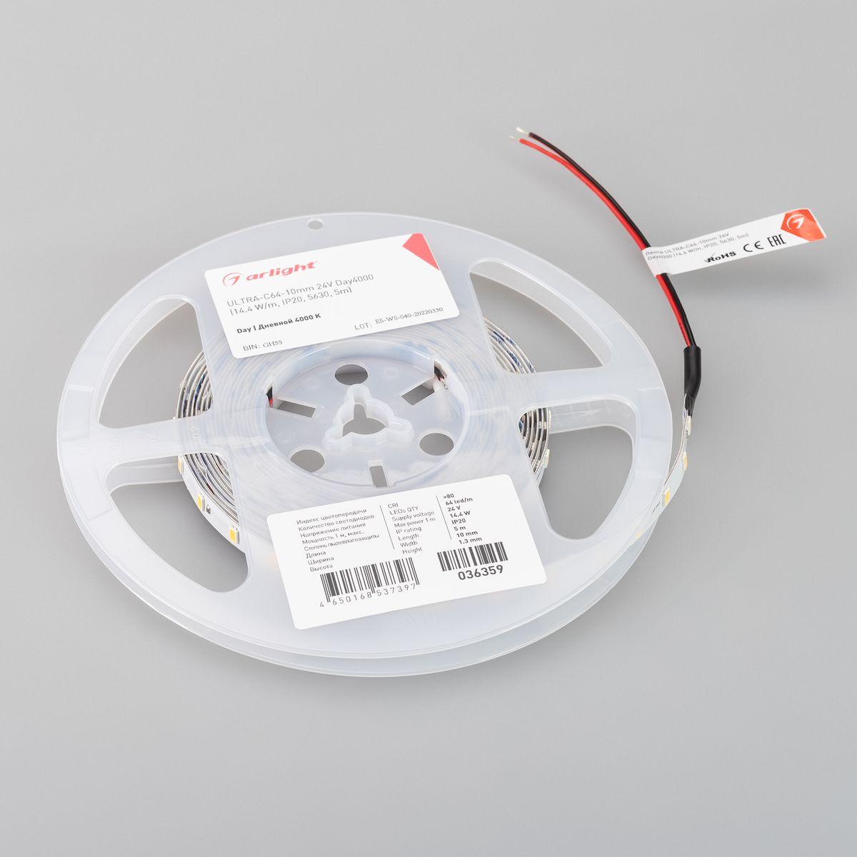 Светодиодная лента Arlight 14,4W/m 64LED/m 5630SMD дневной белый 5M Ultra-C64-10mm 24V Day4000 036359
