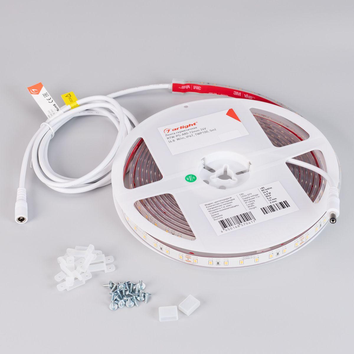 Светодиодная влагозащищенная лента Arlight 8W/m 80Led/m 2835SMD холодный белый 5M RTW-PS-A80-12mm 24V White6000 045159