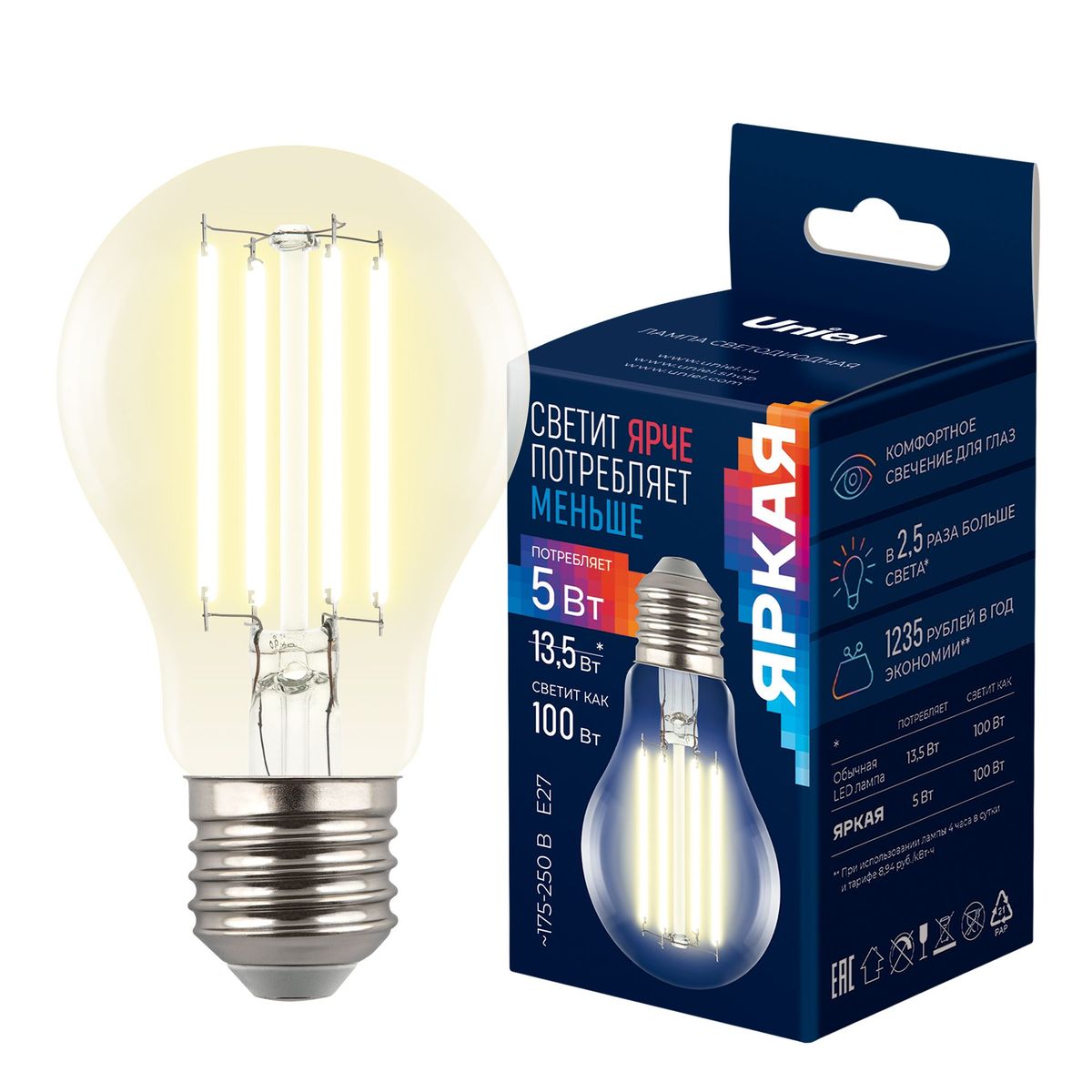 Лампа светодиодная Uniel E27 5W 3000K прозрачная LED-A60-5W/3000K/E27/CL GLY01TR UL-00011932