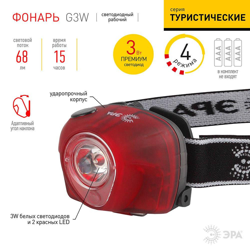 Налобный светодиодный фонарь ЭРА от батареек G3W Б0002249