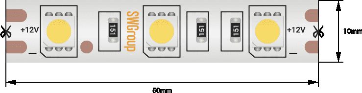 Светодиодная влагозащищенная лента SWG 14,4W/m  60Led/m 5050SMD теплый белый 5M SWG560-12-14.4-WW-68-M 009269